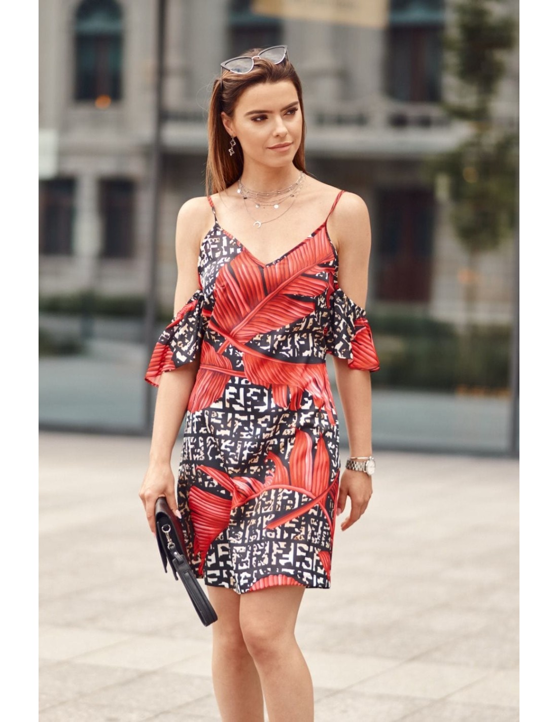 Strap dress with sleeves with red leaves, black PR3215 - Online store - Boutique